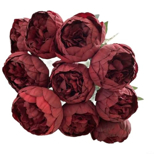 CWOQOCW Künstlicher Blumenstrauß, 10 Köpfe, realistischer Seidenrosenstrauß, Seidenblumenarrangement, Hochzeit, Zuhause, Wohnzimmer, Tischdekoration, Mittelstück (dunkelrot)