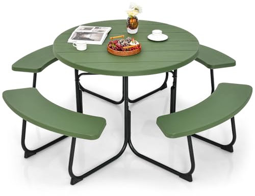 GOPLUS Table de Pique-Nique avec 4 Bancs Intégrés pour 4 à 8 Personnes, Table Jadin Exterieur en HDPE avec Trou pour Parasol,Ronde en Plein Air, Cadre en Métal,Charge 225KG+135KG(Vert)