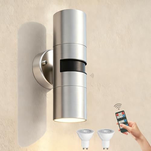JNR Außenlampe mit Bewegungsmelder und Fernbedienung, Aussenlampe Silber | Einstellbarer Bewegungsmelder Dämmerungssensor, IP54 Wasserdichte 230V Edelstahl Aussenlampe, 2*5W GU10 3000K LED Glühbirne