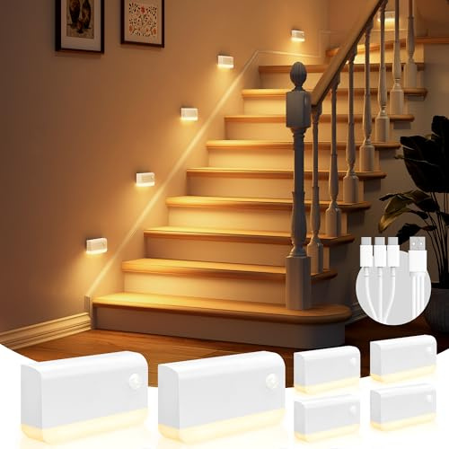 VOLISON 6 Pack Motion Sensor Night Light Stick on Wall, 1200mAh Rechargeable LED Stair Lights, Sensor Lights for Hallway, Bedroom, Closet, Bathroom, Toilet (White)