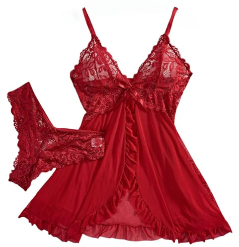 IPUDIS Babydoll Natalizio Set di Lingerie Sexy con Perizoma Indumenti da Notte in Pizzo Malizioso Sottoveste Trasparente Abito da Notte Aperto sul Davanti Minigonna Camicie da Notte