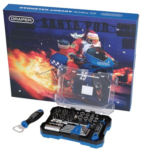 Draper 62 Piece Tool Set Advent Calendar 2025 - Limited Edition Christmas Gift for DIY, Car & Motor Enthusiasts - 24 Day Xmas Countdown with Sockets, Screwdriver Bits, Hex Keys & Storage Case