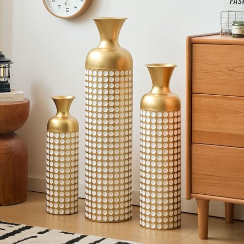 Ensemble de 3 Grands vases décoratifs sur Pied, dorés, pour la décoration du Salon, du Coin cheminée, du Couloir, de la Chambre ou de l'entrée