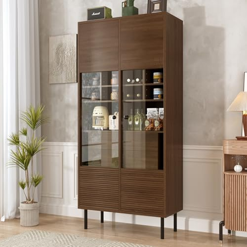 Bladez Vitrinenschrank in Nussbaum-Optik, Glasfront Aufbewahrungsschrank, 80x35x180 cm, 4 Einlegeböden, Versteckte Schublade, Multifunktional für Wohnzimmer, Büro und Bad