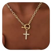 Tewiky Kreuz Kette Damen & Zirkonia - 14K Gold Vergoldet Büroklammer Kreuz Kette, Halskette Schmuck für Frauen und Mädchen