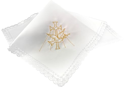Lunexus Tissu De Baptême 35 X 35 Cm - Tissu Décoratif Blanc Avec Croix Dorée Et Colombe Et Bord En Dentelle - Pour Bougie De Baptême, Communion, Confirmation Et Fête