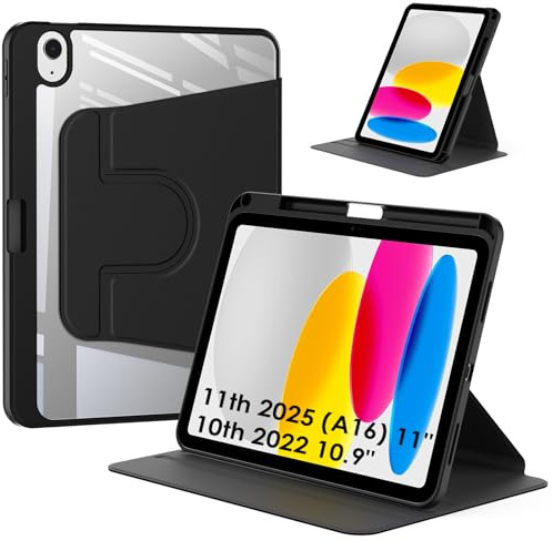 Bigqin Coque Compatible avec iPad (A16) 11ème Génération 11 Pouces 2025/iPad 10ème Génération 10,9 Pouces 2022, Coque Arrière Transparente avec Support à 360° et Auto-Réveil/Sommeil - Noir