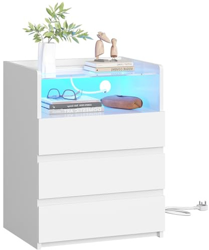 AOGLLATI Bedside Table with Charging Station & LED Lights(1, White) | Bedside Cabinet with Visible Glass Top,3 Drawers and 1 Compartment,Side Table for Living Room and Bedroom