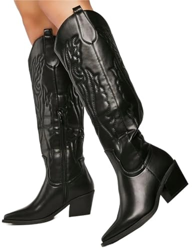 ZUGLQYSX Stivali Texani Donna Stivali da Cowboy Alti Fino al Ginocchio Vintage Donna, Taglia Grande, Neri, con Cerniera, 43(Black with Zipper,43)