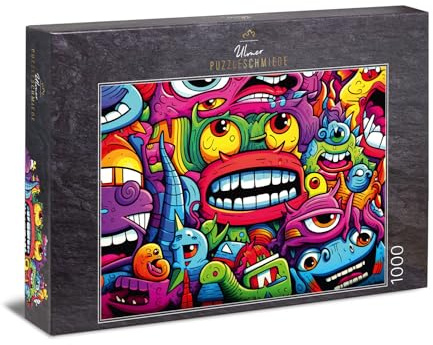 Ulmer Puzzleschmiede – Puzzle 1000 Teile „Freibier-Gesichter“ – Wüste Kreaturen in lebendiger Pop Art Gestaltung – wildes Comic-Motiv mit Puzzle-Qualität Made in Germany
