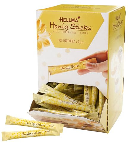 Hellma Honig-Sticks 100 Stk. je 8 g süß - 800 g Vorrats-Box - einzeln, laktose- und glutenfrei für Kaffee oder Tee
