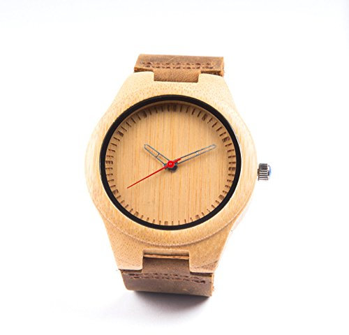 Kim Johanson Herren Bambus-Holz Armbanduhr *Red Bamboo* in Braun mit Echtem Lederarmband Handgefertigt Quarz Analog Uhr inkl. Geschenkbox