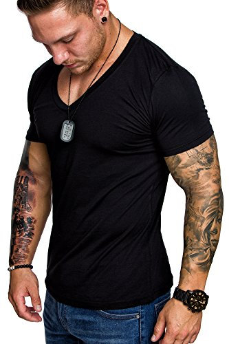 Amaci&Sons Oversize Herren Slim-Fit V-Neck Basic T-Shirt V-Ausschnitt 1-0006 Schwarz XXL