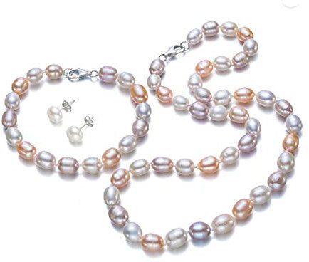 Treasure Bay Parure di gioielli da donna – elegante 8 – 9 mm a forma di riso perle d'acqua dolce collana bracciale e orecchini con perle in bianco, nero, grigio, rosa e multicolore, Argento, Perla