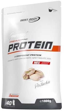Best Body Nutrition Gourmet Premium Pro Protein Pistachio 1000g 4 Komponenten Eiweißpulver mit Caseinat, Whey, Isolat, Eiprotein – Mehrkomponenten Protein, cremiger Shake