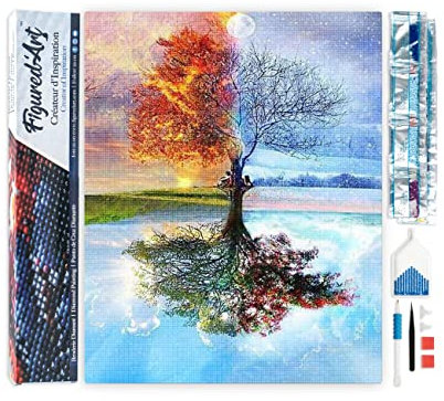 Figured’Art Diamond Painting Broderie Diamant 40x50cm Toile Entière Roulée avec Strass Perles Carrés - Arbre 4 saisons Classique - Kit Complet Paysage 5D DIY Activité Manuelle Loisirs Créatifs Adultes