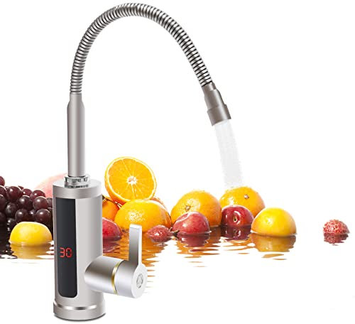 Mischbatterie mit Durchlauferhitzer, LED Temperaturanzeige 3KW Edelstahl Elektrischer Wasserhahn 360° Smart Heater Armatur für Küche Spüle