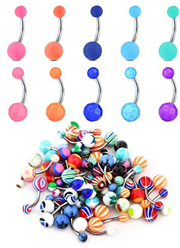 JFORYOU 60 STK Bauchnabelpiercing 14 Gauge Nabelpiercing Ring Banane Piercing Farbe Acryl-Kugeln Piercing Schmuck