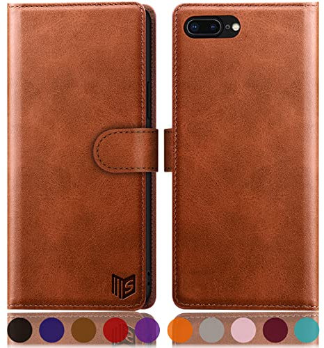 SUANPOT Flip Wallet Case for iPhone 7 Plus/8 Plus 5.5 Inch, Faux Leather, RFID Blocking, Light Brown