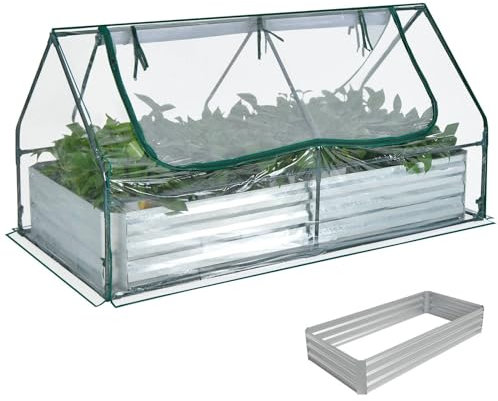 TANGZON Raised Garden Bed with Greenhouse, Galvanised Steel Planter Box Kit with PVC/PE Cover & 2 Roll-Up Windows, Outdoor Vegetable Herb Flower Container Grow Box (Clear PVC Cover, 180 x 90 x 91cm)