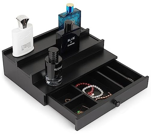 Cathyeen Cologne Organizer for Men Wood Perfume Organizer 3 Tiered Perfume Holder Stand Display Shelf Riser with Drawer Storage and 2 Hidden Compartment (New Black)
