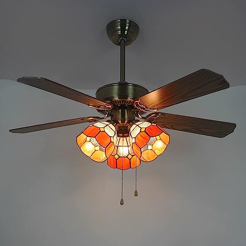 MG REAL Tiffany Style Ceiling Fan with Light, 5 Reversible Wooden Blades, 3 Speeds Silent, Vintage Stained Glass Chandelier for Bedroom Living Room, Orange,3 Lights