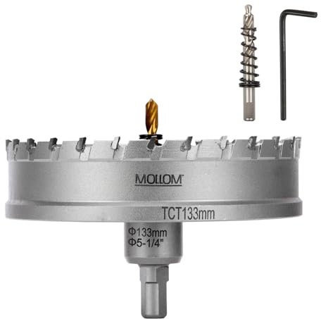 Mollom (133mm | 5-1/4) Scie cloche en carbure pour usage intensif avec 2 forets pilotes, coupe l'acier inoxydable, l'acier doux, le fer, le cuivre, le laiton et le plastique