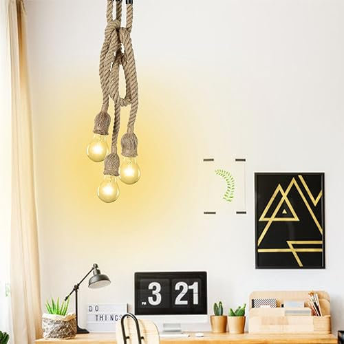 Retro Hanfseil Kronleuchter, LED-Industrie-Kronleuchter Retro-Hanfseil-Deckenlampe, kopf-Hanfseil-Hängeleuchte für Bauernhaus Restaurant Bar Zimmer Schlafzimmer Dekoration