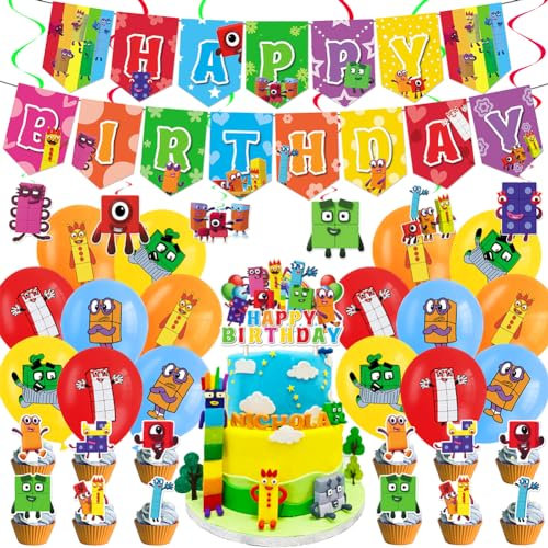 Number Party Game Blocks Theme Decorations Set with Latex Balloons, Birthday Banner, Cupcake Toppers