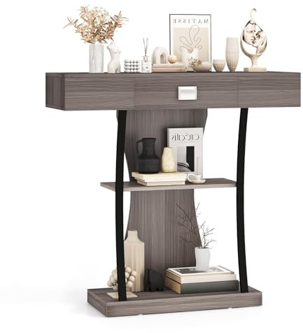 GOPLUS 3-stöckiger Konsolentisch, Eingangstisch mit Schublade & Ablagen, Flurtisch Vintage für Schlafzimmer Wohnzimmer (Grau)