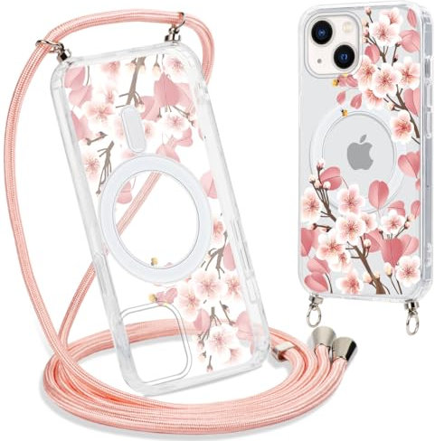 Yoedge Magnetique Coque pour iPhone 13 Mini 5,4 Con Cordon, Compatible avec MagSafe, Transparent Étui Souple Silicone TPU Antichoc Protection Housse Collier Case Cover avec Aesthetic Motif Floral5