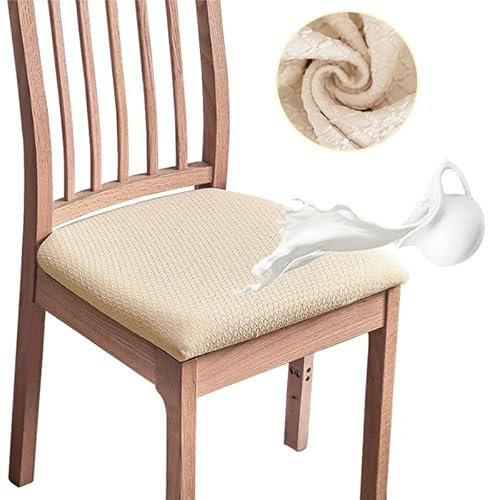 MOLVCE Jacquard Esszimmerstuhl Sitzbezüge 4er Set, Stretch Sitzkissenbezug Abnehmbare und Waschbare, TPU Laminiert Wasserdicht Stuhlhussen, Stuhlbezug für Küchen, Bankette, Hotel, Beige