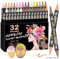 NICETY 32 Couleurs Feutres Acryliques - Marqueurs à Double Pointe Pinceau pour Peinture sur Roches, Bois, Verre, Céramique - 0.5~5 mm Feutres Acryliques à Pointe Fine et Pinceau pour Adultes (Peau)