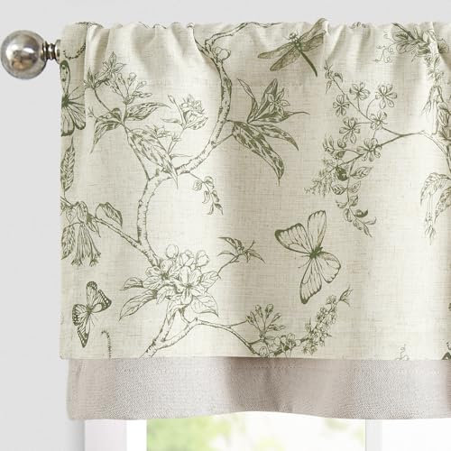 TOPICK Leinen Scheibengardinen Blickdicht Küchengardinen Blumen Frühling Landhausstil Gardinen Schmetterling Verdunkelnd Vorhänge Kurz Bistrogardine Volant Fenster 1er Pack Grün auf Beige 40Bx125H(cm)