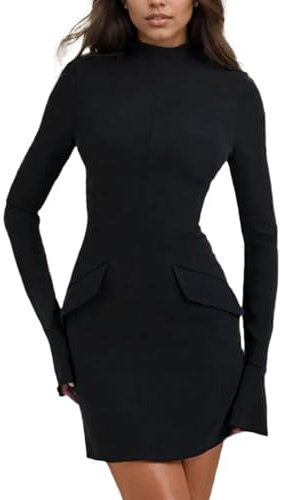 EMOTTOS Women Tight Work Mini Dress, Back Zipper Business Dresses with Pockets, Slim Bodycon Pencil Dress with Flared Sleeves, Wrap Turtle Neck Dress for Formal Office Business, Black, S