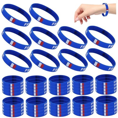 Rubber Bracelets 50Pcs France Flag Silicone Wristbands French Country Flag Rubber Band Bracelets Patriotic Wristbands for Events Sport Fans Gifts