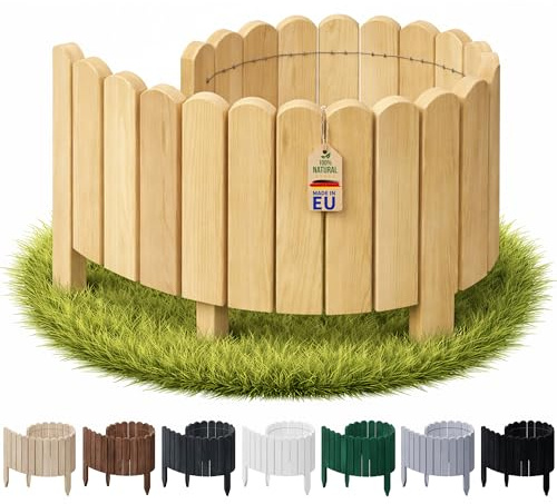 Floranica Rollborder 10x100 cm Hellbraun Rasenkante Beeteinfassung Holz | Kiefernholz auf Draht, angespitzte Latten, Lattenstärke 16 mm, formbar – für Rasenkanten, Wege und flache Beete