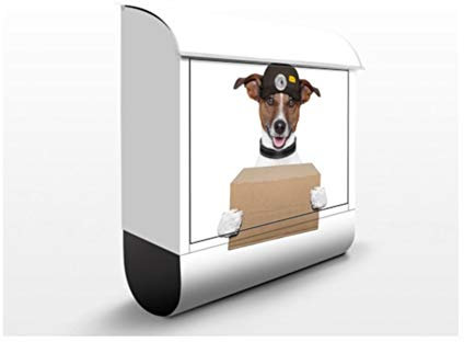 Briefkasten mit Zeitungsrolle I Hund mit Paket 46cm x 39cm