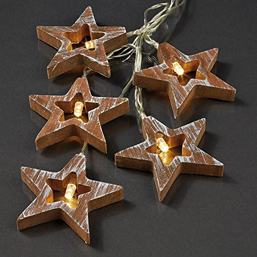 hellum Lichterkette Innen mit Sternen aus Holz, 10 LED Holzsterne beleuchtet warmweiß, 1,35m beleuchtete Länge batteriebetrieben, transparentes Kabel, Weihnachtsbeleuchtung Innen Fenster, 521108