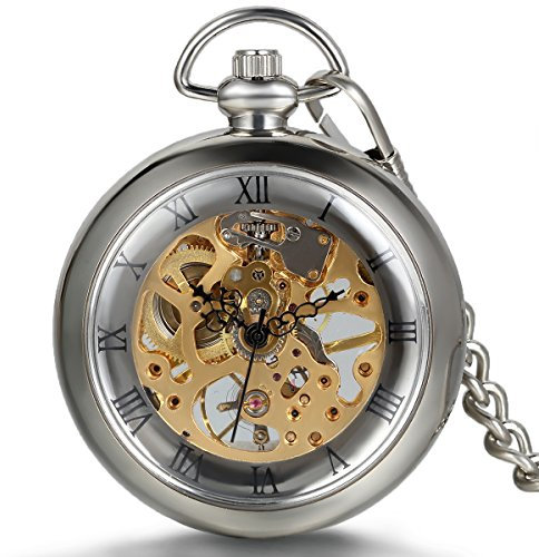 JewelryWe Herren Taschenuhr Transparent römische Ziffern Zifferblatt Handaufzug mechanische Kettenuhr Skelett Uhr mit Halskette Kette Umhängeuhr Silber