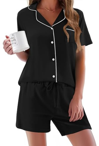 Ekouaer Pajamas Set for Women Short Sleeve Sleepwear Button Down Pjs Soft 2 Piece Lounge Sets Black X-Large