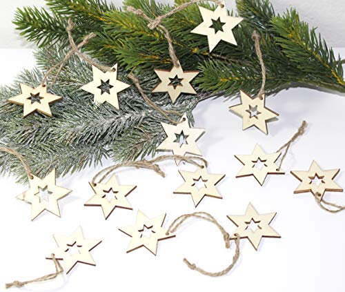 LB H&F 14 x Weihnachts-ANHÄNGER Set Holz-Sterne Weihnachtssterne Christbaumanhänger Holz Christbaumschmuck Sterne natürlich DY (J)