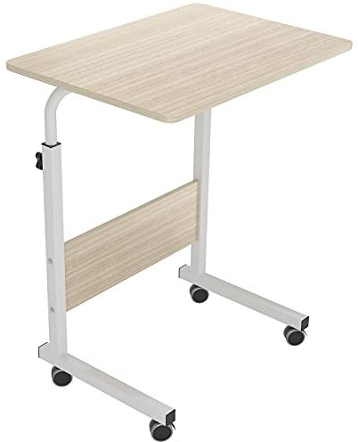 DlandHome Laptoptisch Höhenverstellbar mit Rollen 60 cm Betttisch Beistelltisch pflegetisch auf Rollen Computertische Mobiler Schreibtisch Laptop Ständer Tisch für krankenbett Büro Schlafzimmer Ahorn
