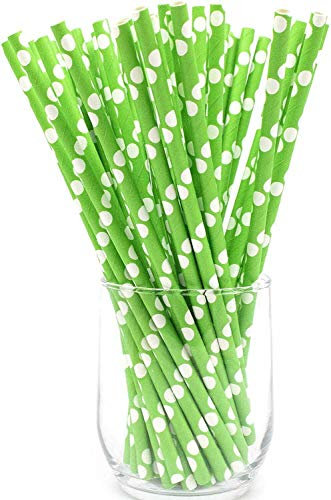 Paper Straws 100pcs Biodegradable Recyclable Drinking Straws for Party Birthday Wedding (Green White Dots)