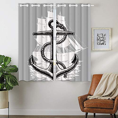 Violetpos 160 x 110 cm Anker Ozean Segelboot Grau Gardinen Blickdichter 2er Set Vorhang Verdunkelung mit Ösen für Schlafzimmer Wohnzimmer
