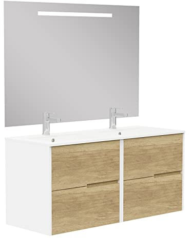 Baikal Mueble de baño Gavin, 2 cajones, suspendido en Pared. Incluye Lavabo cerámico. Varios Acabados. Se Entrega Montado. con Espejo 120 cm Nature