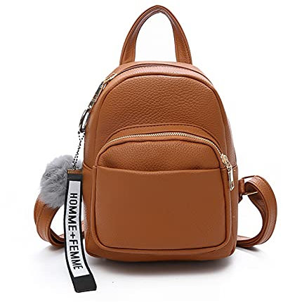 PORRASSO Mode Mini Rucksack Damen Kleiner Daypack mit Pompon Mädchen PU-Leder Rucksäcke für Reisen Dating Täglicher Gebrauch Braun