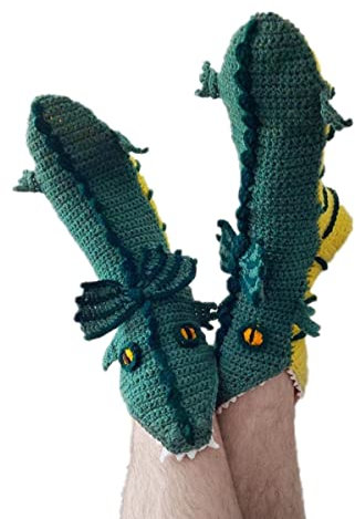 Lustige Socken Gestrickte Socken Drachen Krokodil Tier Socken dick Gestrickt Warme Bodensocken Skurrile Alligator Strickmanschette Winter warme Socken Kuschelsocken (Gelb-blau Drache, Erwachsene)