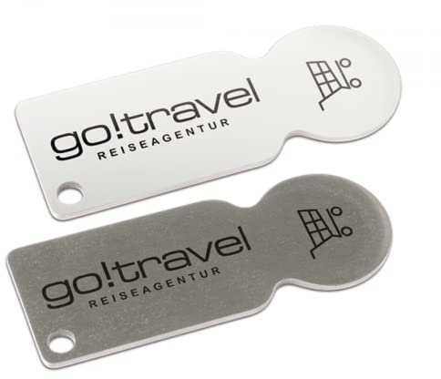 Einkaufswagenlöser aus Edelstahl mit Foto und Text selbst gestalten Einkaufswagenchip Schlüsselanhänger Schlüssel Einkaufswagen Chip Notfall-Rufnummer Schlüsselbund (Weiß)