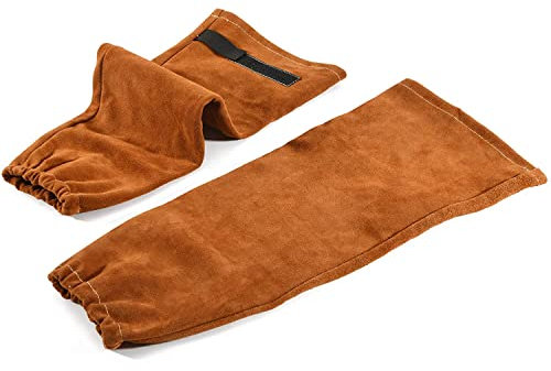 QeeLink Leder Schweißarbeitsärmel für Männer & Frauen | Rindsleder & Antihaftbeschichtung | Hitze- & Flammbeständiger Armschutz Garten Ärmel, 1 Paar (Braun-Groß)
